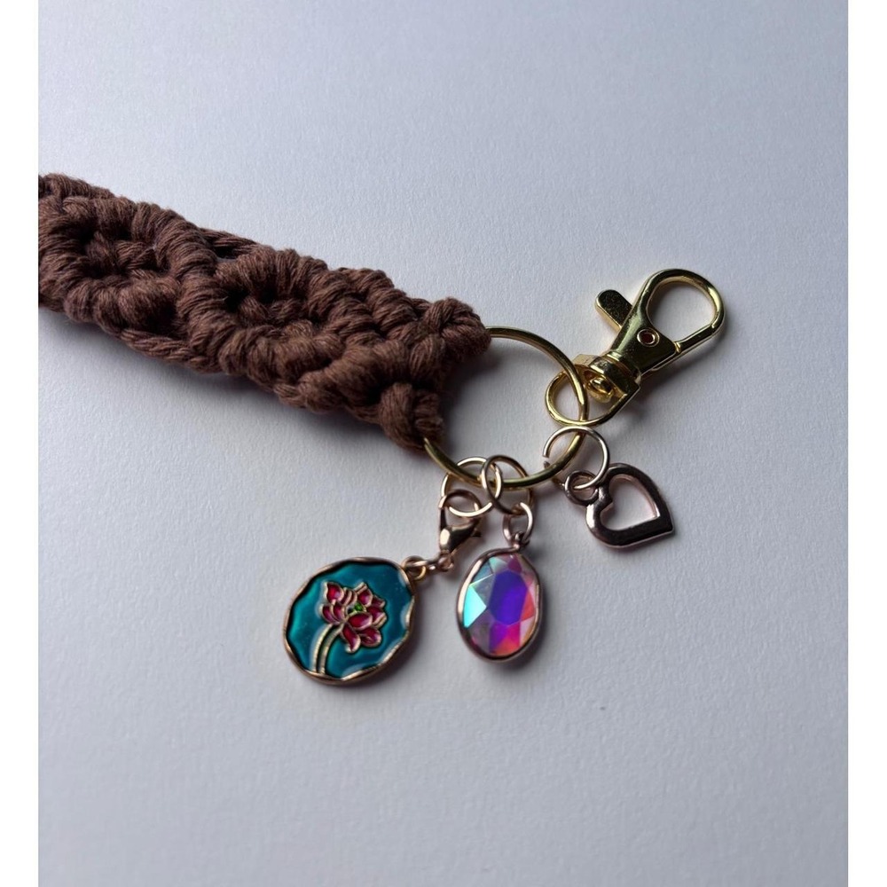 Handmade Brown Macrame Tassel Keychain with Lotus & Heart Charms